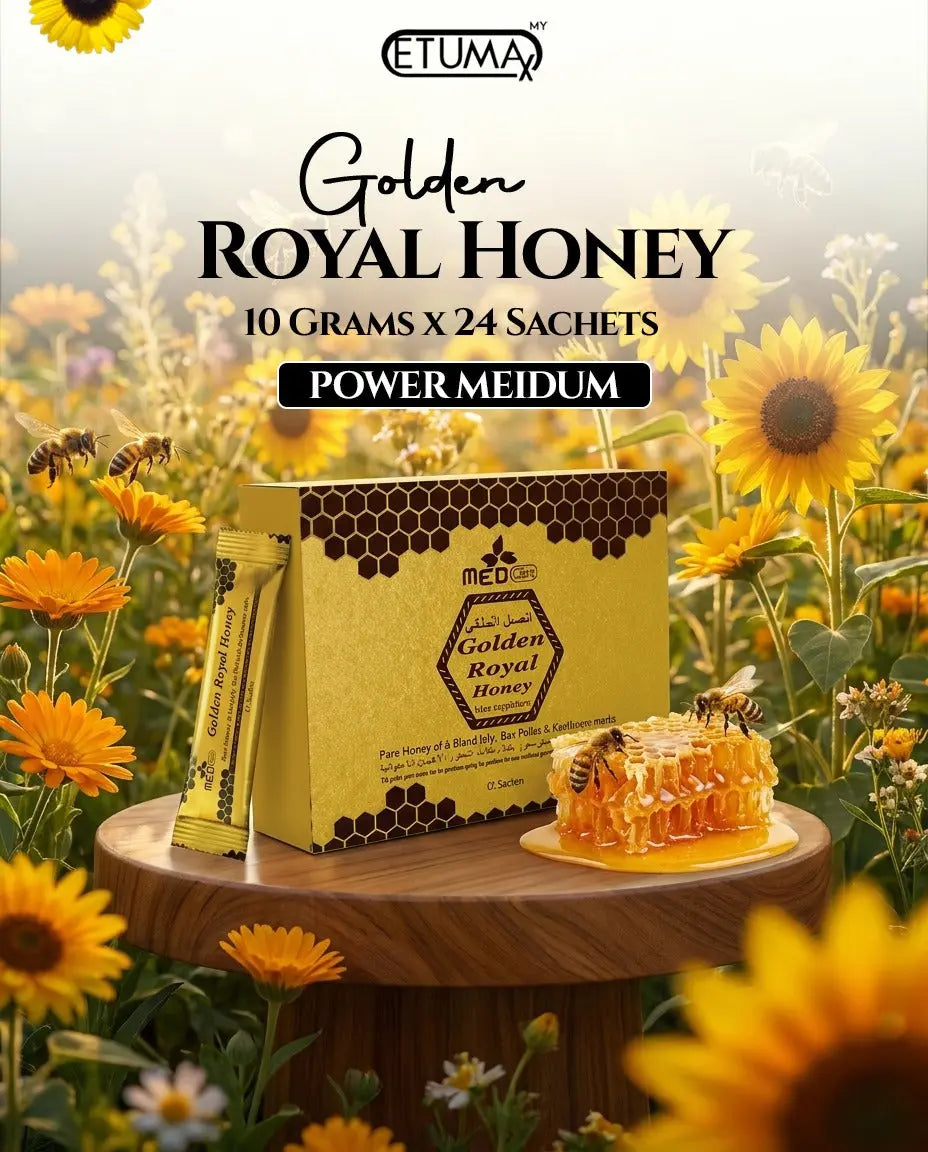Etumax Golden Royal Honey Pack with 24 sachets of premium honey for men, featuring natural golden honey in individual 10g sachets.