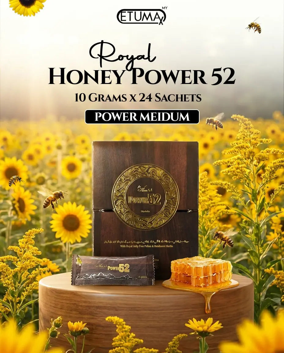 Etumax Royal Honey Power 52 honey sachets, 10g each, displayed in a pack, showcasing the natural honey product from Etumax.