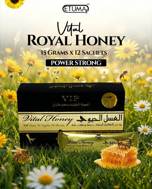 Etumax Vital Royal Honey pack with 12 sachets of mountain honey for men, showing individual 15g honey sachets.