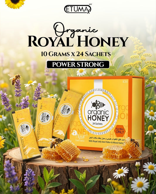 Organic Royal Honey pack by Etumax with 24 sachets of pure honey, ideal for men, shown in individual sachets.