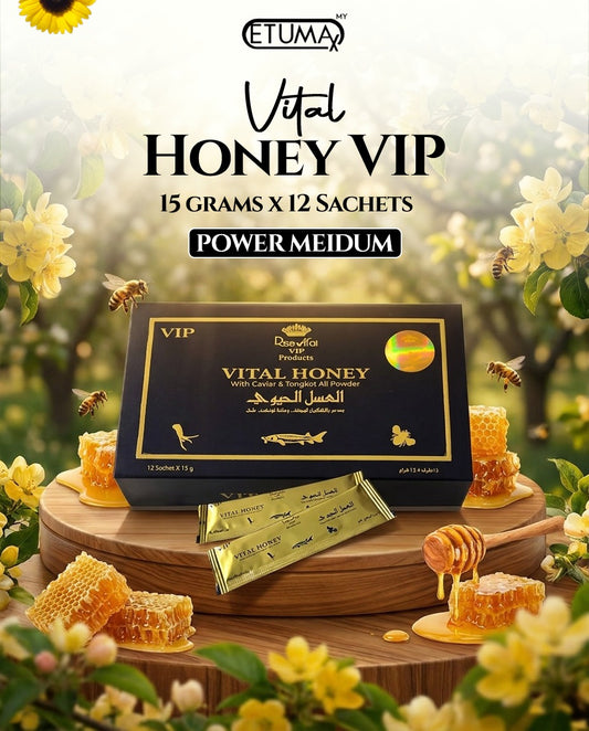 Vital Honey VIP honey pack by Etumax with 12 sachets of mountain and caviar honey for men, featuring honey sachets in the image.