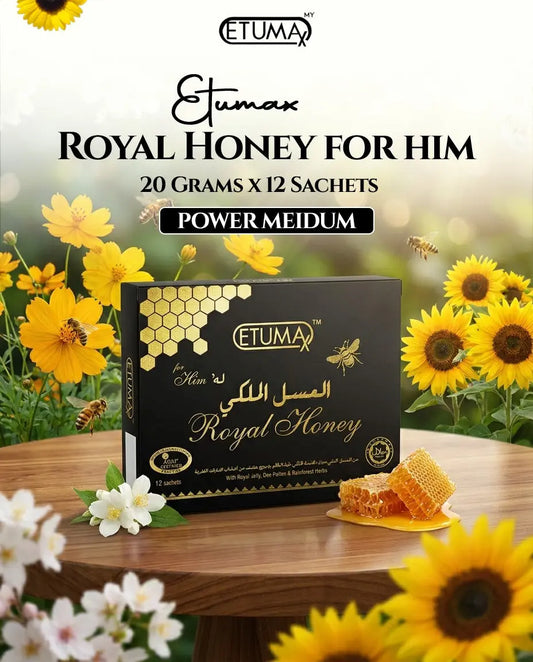 Etumax Royal Honey for HIM in 12 sachets, premium honey pack for men, showing individual honey sachets with golden honey content.