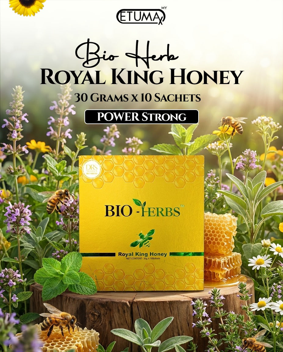 Etumax Bio Herb Royal King Honey pack with 10 sachets of royal honey for men, featuring natural honey in 30g sachets.