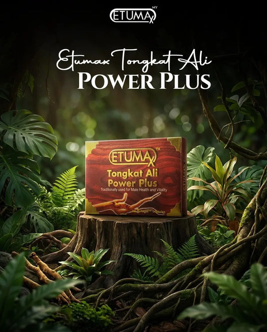 Honey supplement bottle of Tongkat Ali Power Plus capsules by Etumax, designed for men's health, with natural honey texture visible.